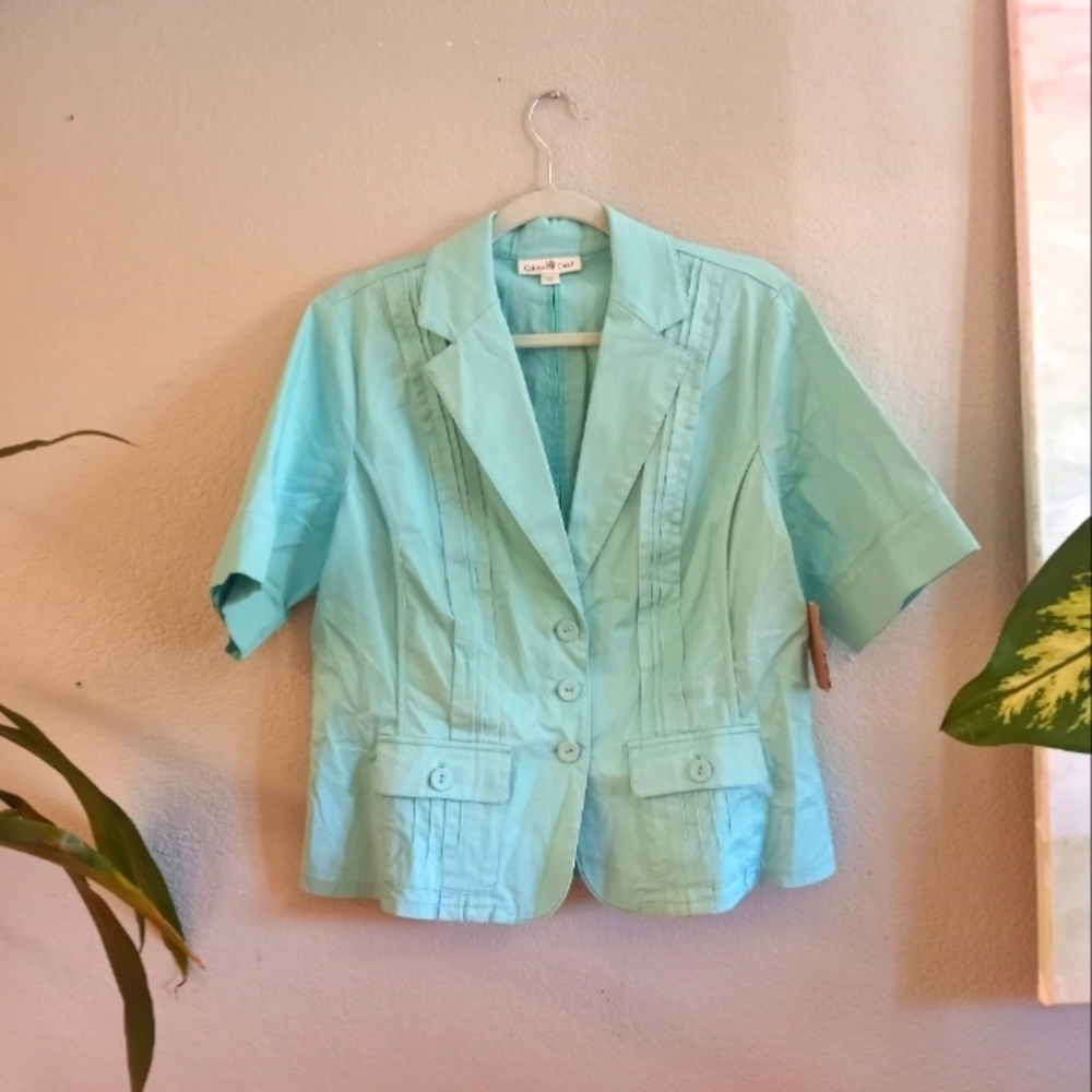Coldwater Creek Sunwashed Preppy Twill Pastel Blue Pleated Short Sleeve Jacket